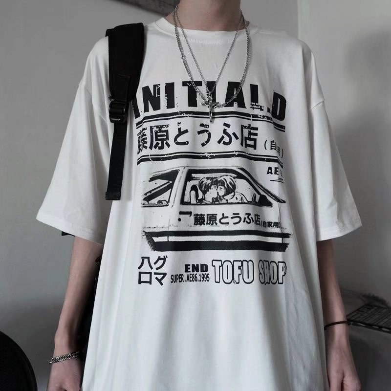 white blue and black graphic tee