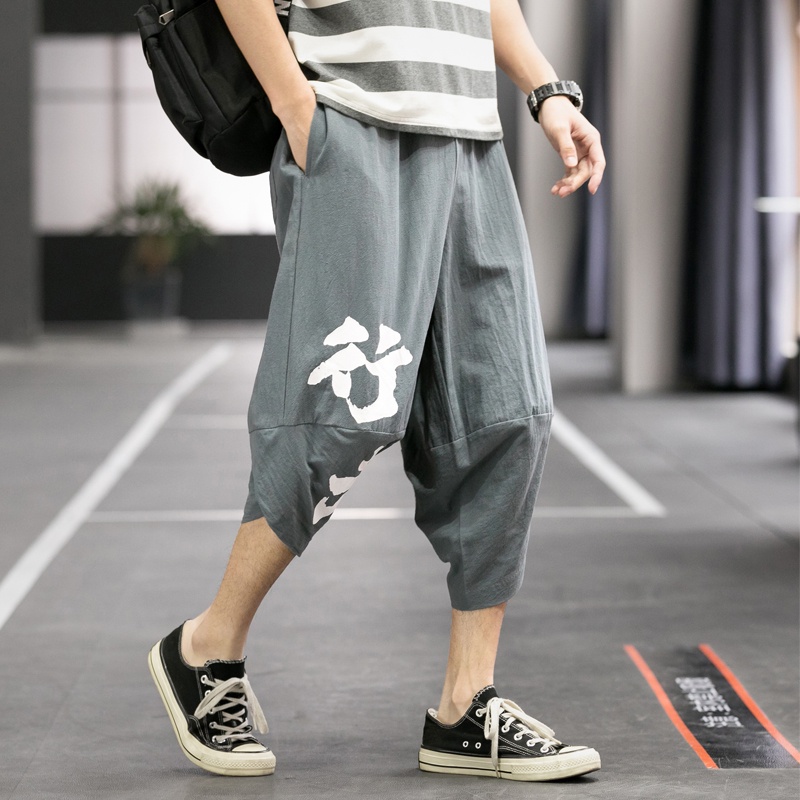 Men Cotton Linen Harem Short Pants Mens Retro Streetwear Beach Shorts Male  Casual Calf--Length Trousers, Harem Pants