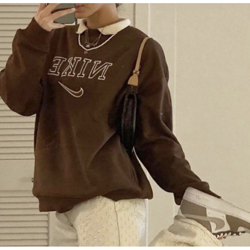 nk sweater brown spellout contrast vintage sweatshirt pullover ulzzang  korean retro | Shopee Singapore