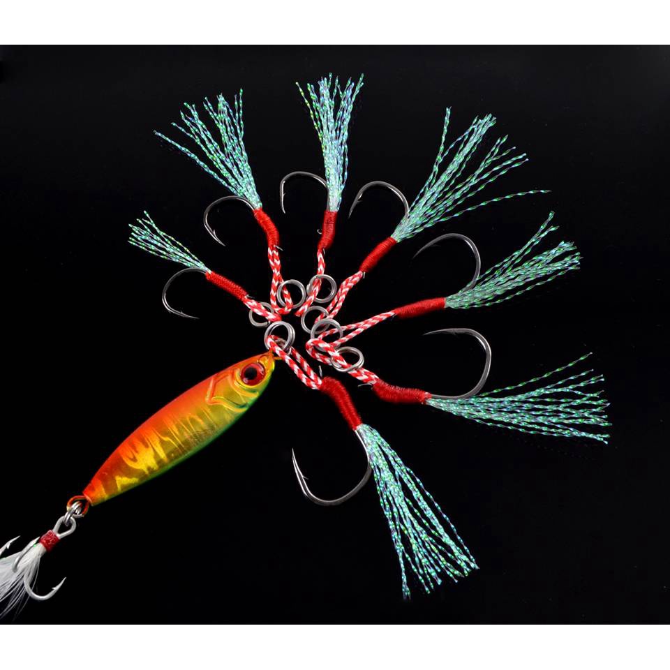 10pcs/Lot Fishing Lure Slow Jigging Fishing Cast Jigs Assist Hook Barbed  Single Jig Hooks Thread Feather High Carbon Steel