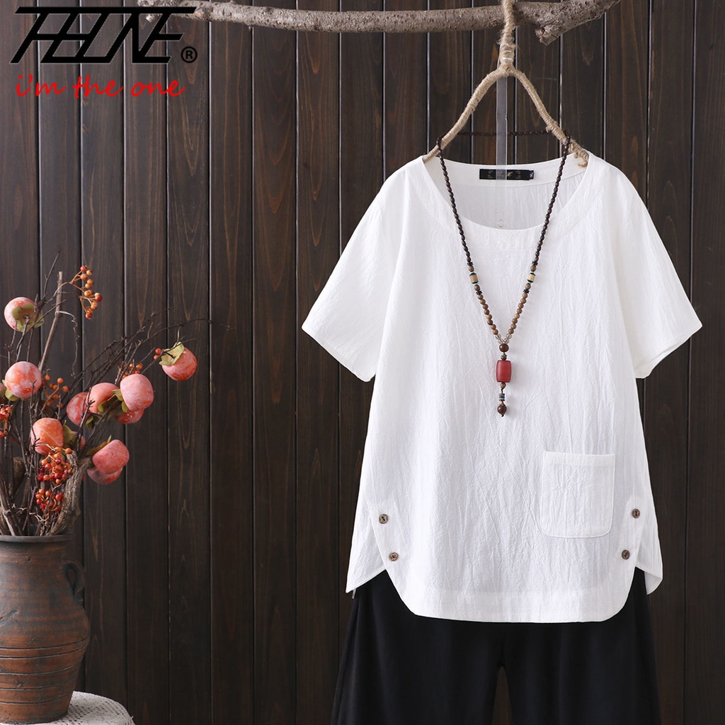 Women Cotton Linen Loose White Blouse Shirt Casual Solid Short