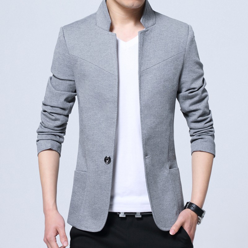 Men s Korean Slim Fit Mandarin Collar Jacket Outwear Grey Shopee