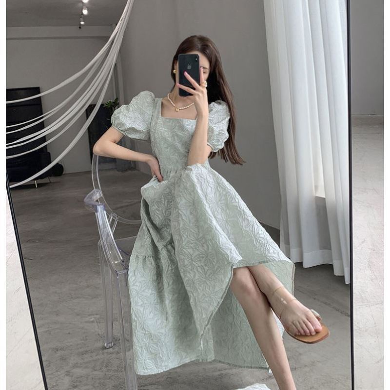 Plus Size Women s Light Green Puff Sleeve Dress Women Summer New