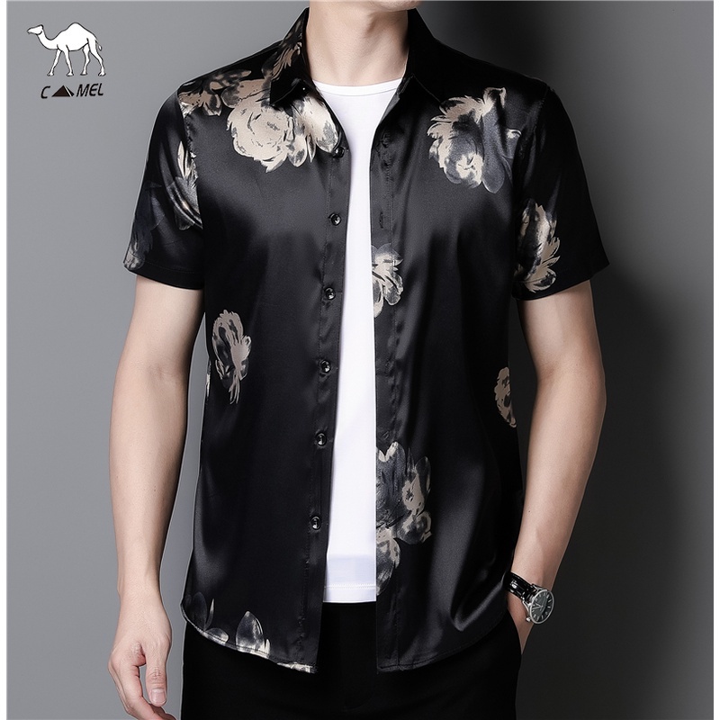 Mens black silk shirt short clearance sleeve