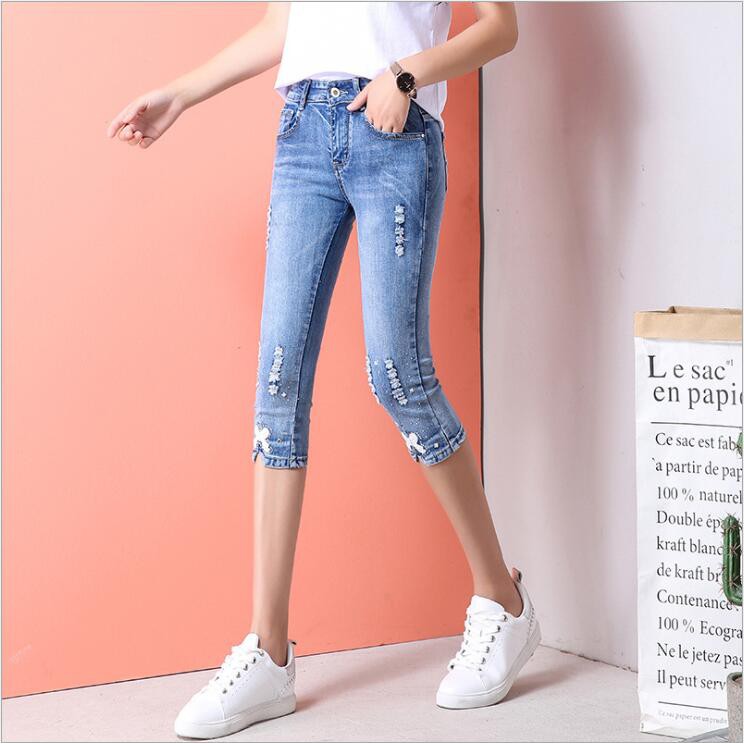 Korean Fashion Women Jeans 3 4 Length Short Jeans Stretch Pencil