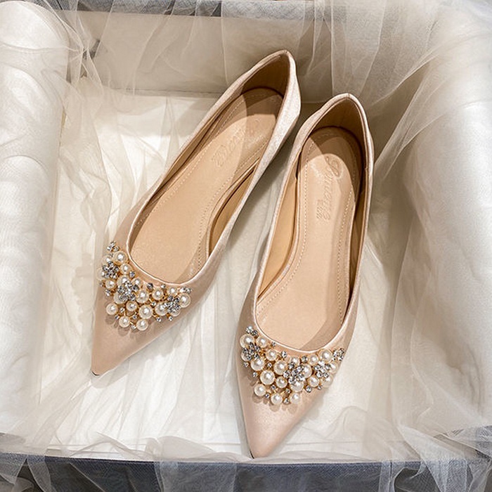 Wedding Shoes Women Bridal Shoes Satin Pearl Rhinestone Pointed