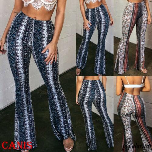 Women Fashion Boho Hippie High Waist Printed Wide Leg Pants Long