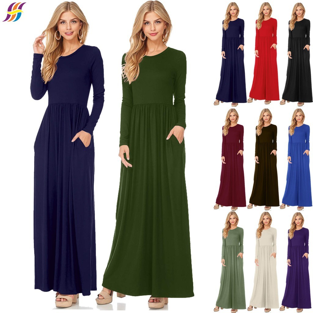  Women Casual Fall Loose Plain Long Dresses Vintage