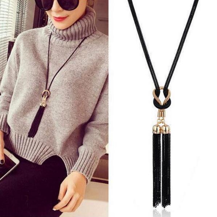 Classic Leaf Tassel Long Necklace Women Bijoux New Fashion Jewelry Black  Chain Necklaces & Pendants