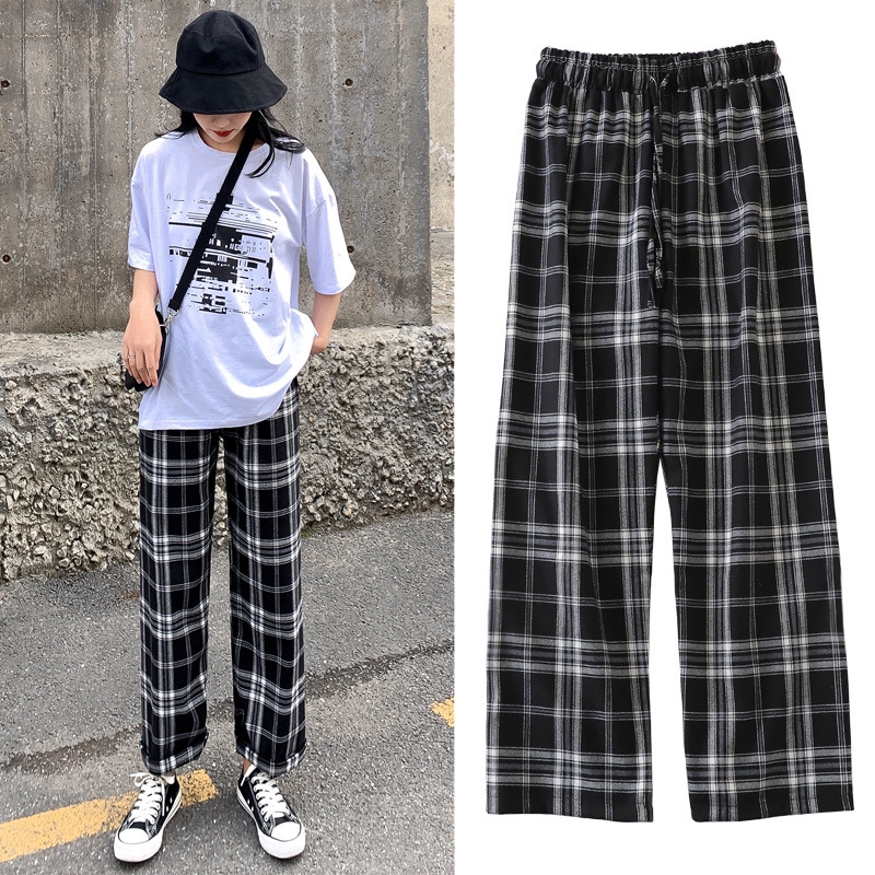 READY STOCK Summer Vintage Fashion Plaid Ankle-length Pants