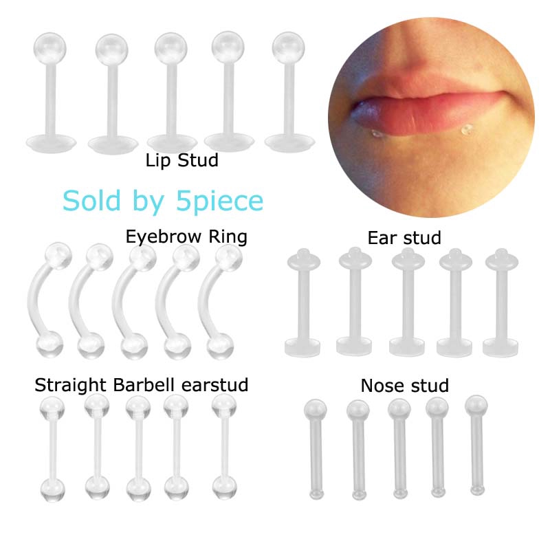 5piece Bioplast Soft Flexible Nose Lip Labret Stud Eyebrow Ring