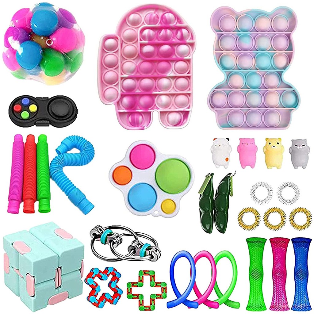 Sensory Fidget Toys Bundle Stress Relief With Fidget Hand Toys Rainbow  colour Push Bubble Cube Unzip Ball Fidget Spinner Magic Bean Toys