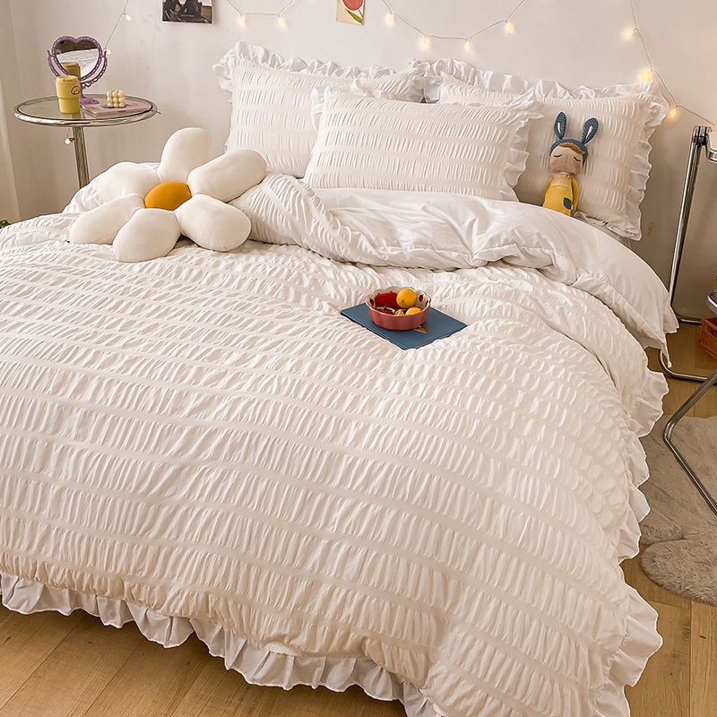 Korean Ruffle Princess Style 100% Cotton Duvet Cover Set, Pure