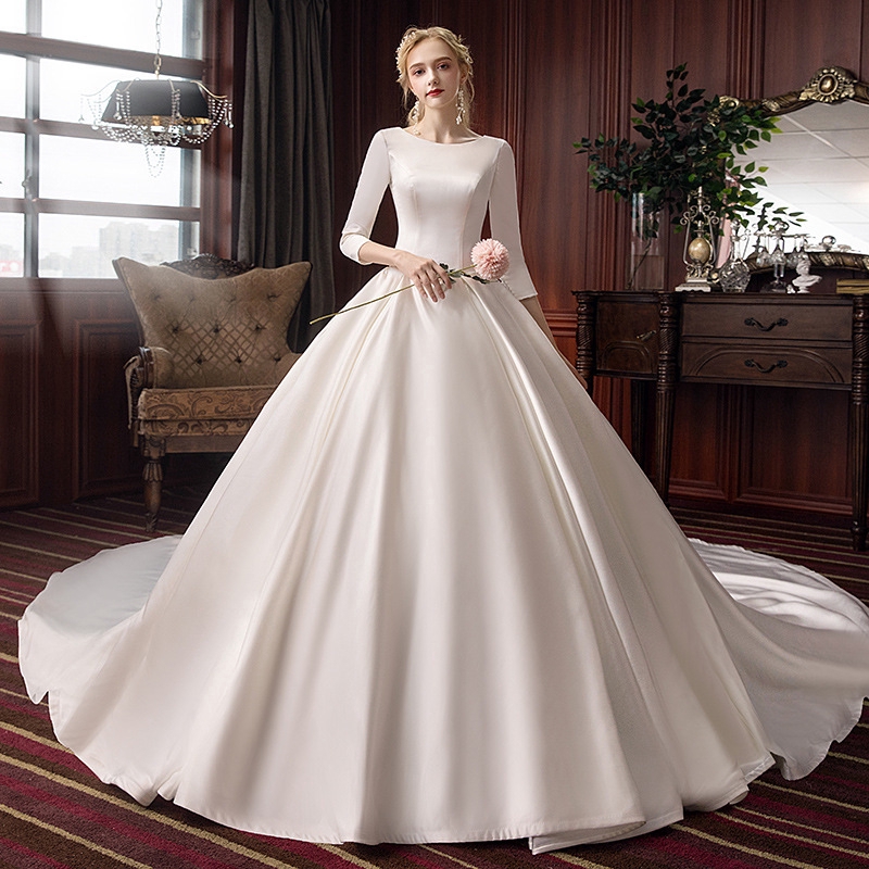 Elegant White Satin Long Tail Wedding Dress Half Sleeve Slim Fit