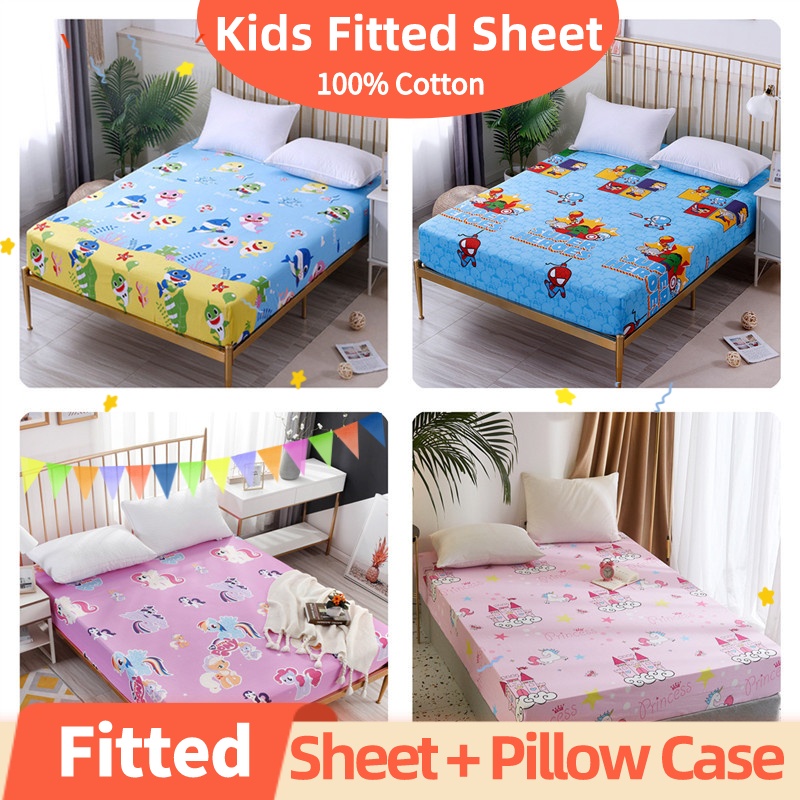 100 Cotton Kids Fitted Sheet Cartoon Bedsheet With Pillowcase Single Queen For Children Shopee Singapore