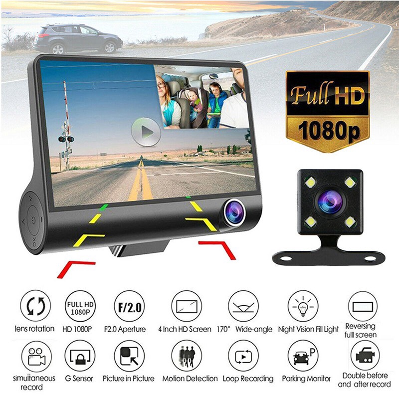 4 inch Screen Dash Cam 1080p HD Car DVR Dual Camera Dash