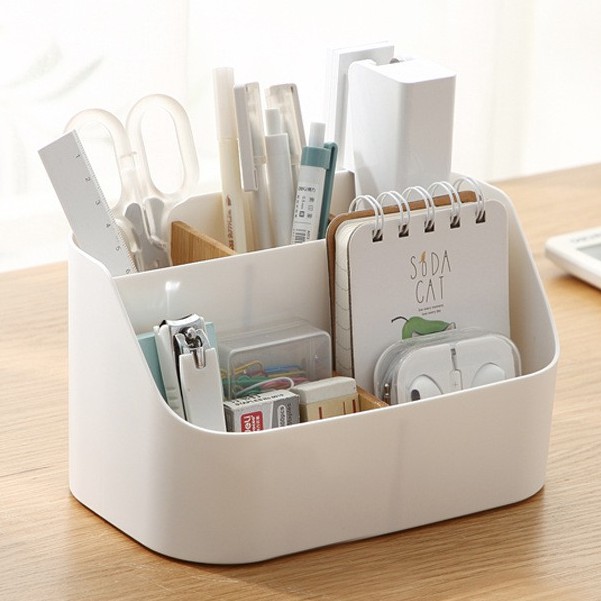 Storage Organizer Box Container with Bamboo Divider Remote Control Holder  for Desk, Office Supplies, Makeup Brush