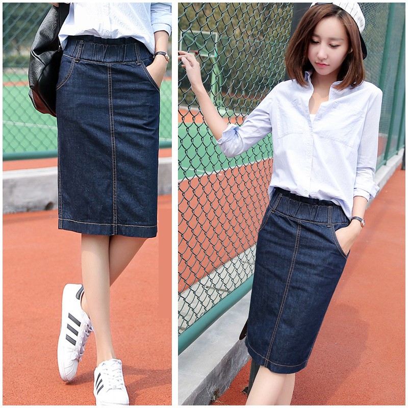 Womens jean skirts knee hot sale length