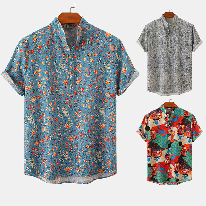 Mens floral short hot sale sleeve button up