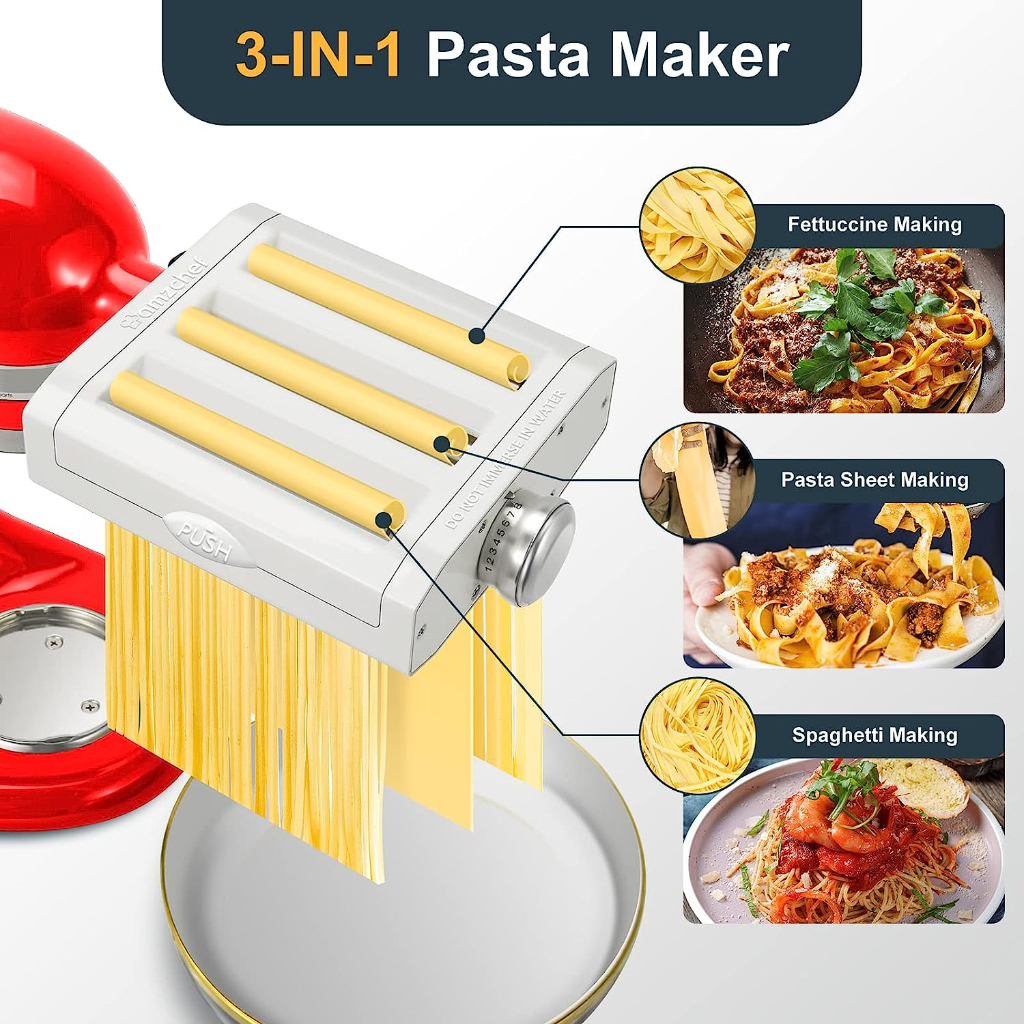 Pasta Maker Attachment 3 In 1 Set For KitchenAid Stand Mixers Included  Pasta Sheet Roller, Spaghetti Cutter, Fettuccine Cutter Maker Accessories  And C