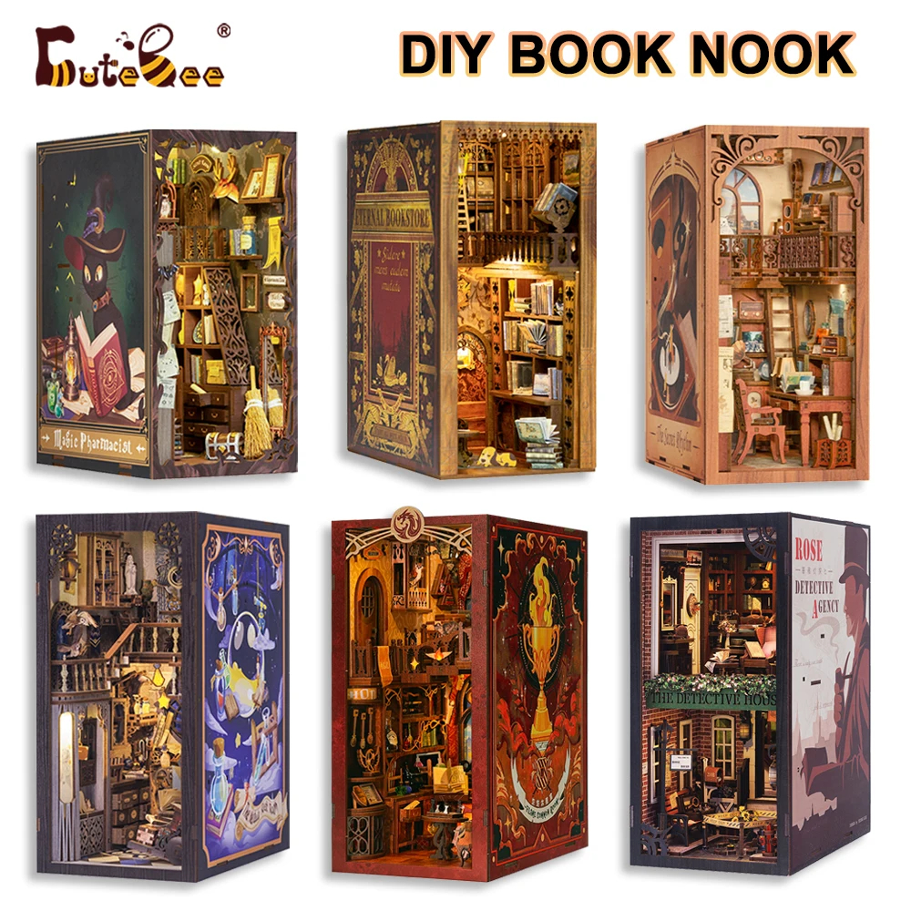 CUTEBEE DIY Book Nook Kit, DIY Dollhouse Booknook Kit Bookshelf Insert  Decor Alley, Bookends Model Build-Creativity Kit with LED Light(Magic