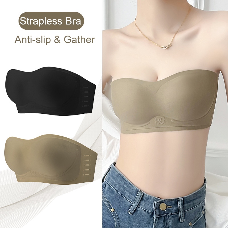 Womens Bandeau Bra Wire Free Strapless Thin Ultra-Soft Breathable Lace Crop  Tube Top Non-Slip Gather Invisible Underwear