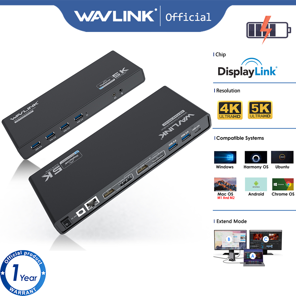 Wavlink DisplayLink Laptop Docking Station Triple Monitor 4K@60Hz For 3  Monitors, 100W Charging For Thunderbolt 3/4, USB-C/A, M1 M2