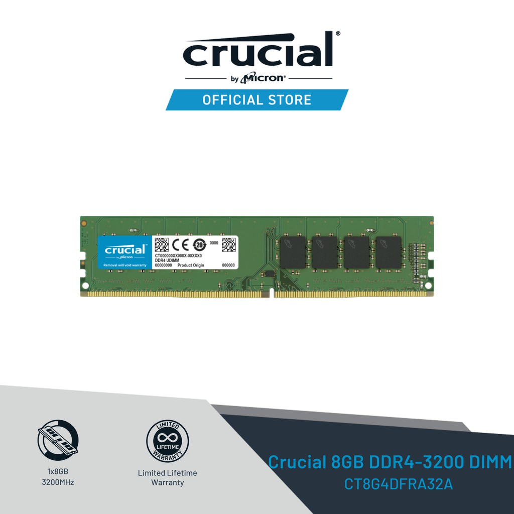 Crucial 16GB(2x 8GB) DDR4 3200MHz PC4 25600 UDIMM RAM 1.2V CL22 Desktop  Memory