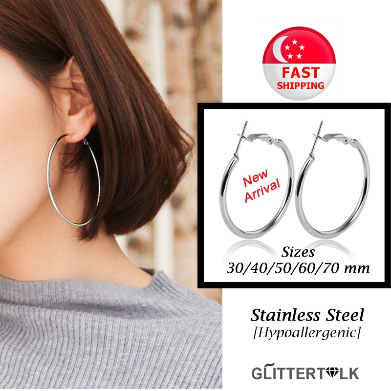 SG Seller] 1 Pair 30mm-70mm Stainless Steel Hoop Earrings Simple Round Hoops  Big Hoops Hypoallergenic | Shopee Singapore