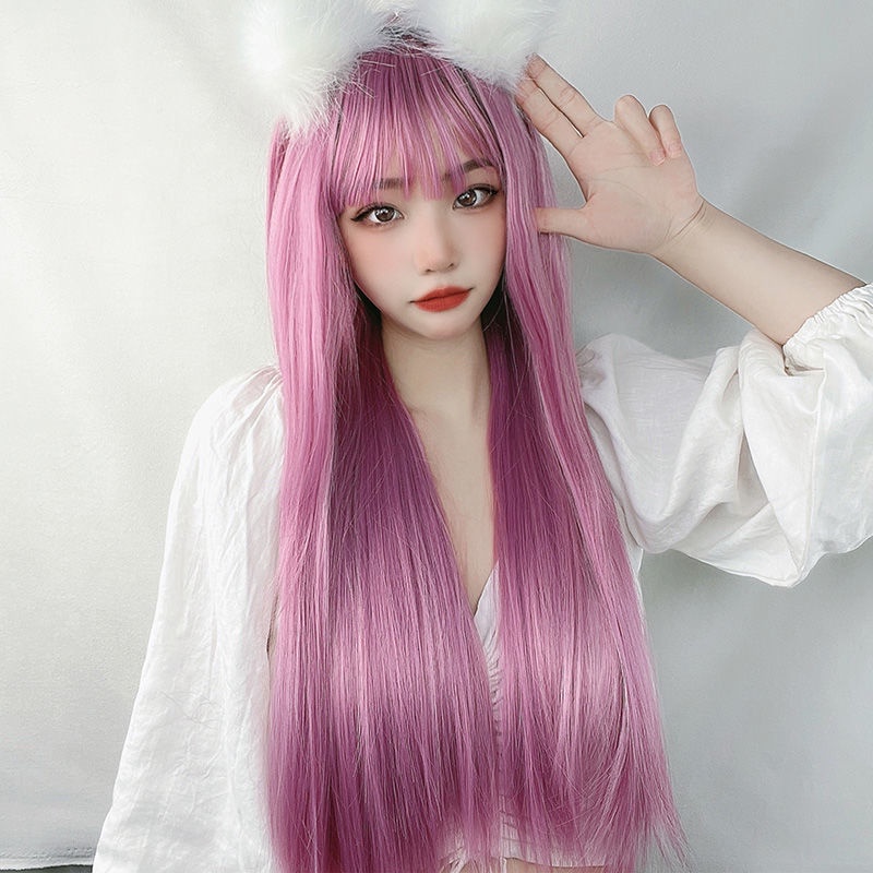 Thin long straight hair round face Lolita pink wig vi Rattan