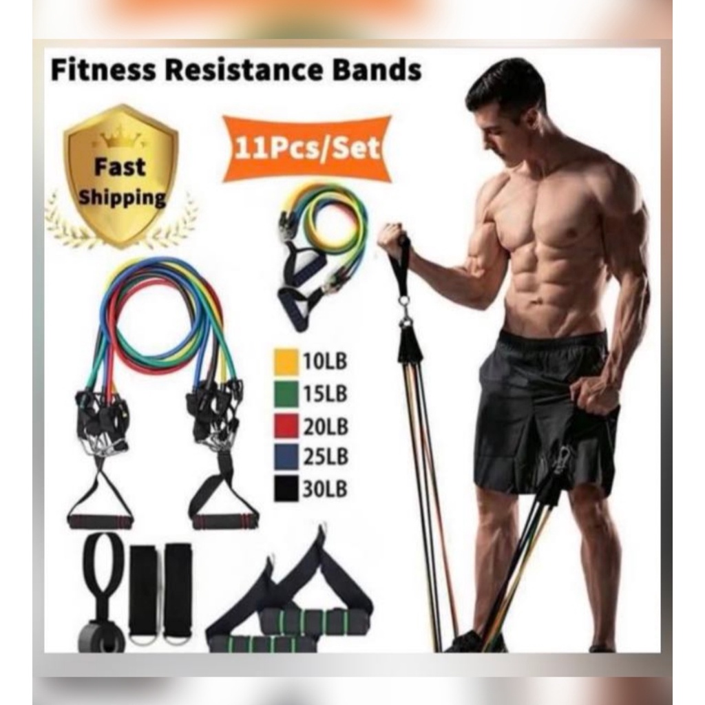 LOCAL SELLER 100 Ibs resistance Bands 11pcs gym band home gym chest workout rubber gym elastic band adjustable band