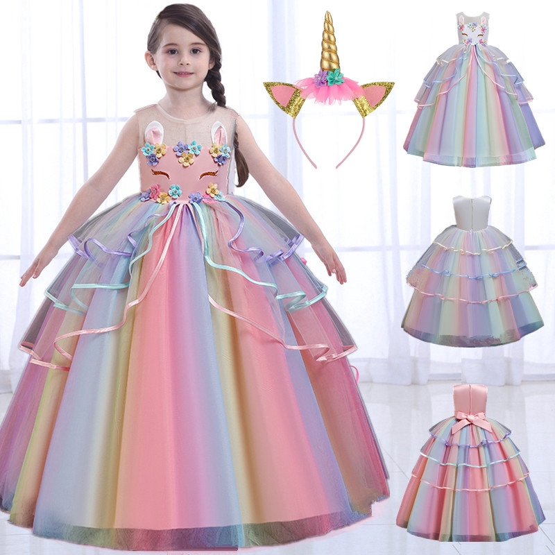 New Fashion Princess Dress Rainbow Unicorn Cosplay Girls Dress