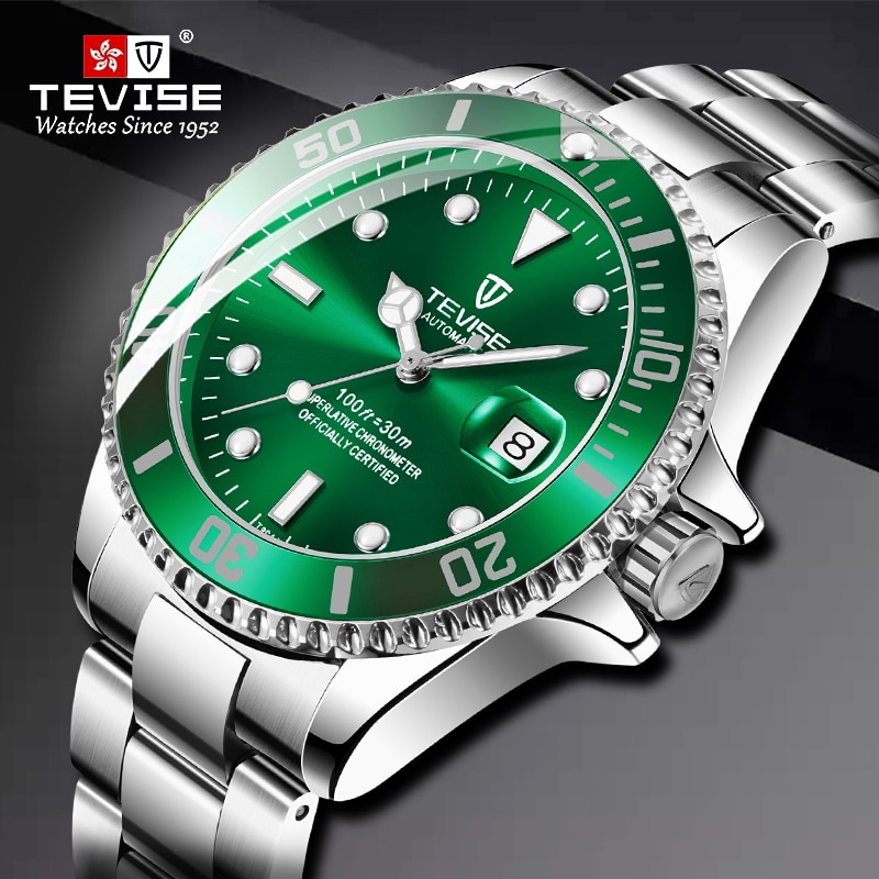 TEVISE Brand Green Watch Men Seil winding Automatic Mechanical