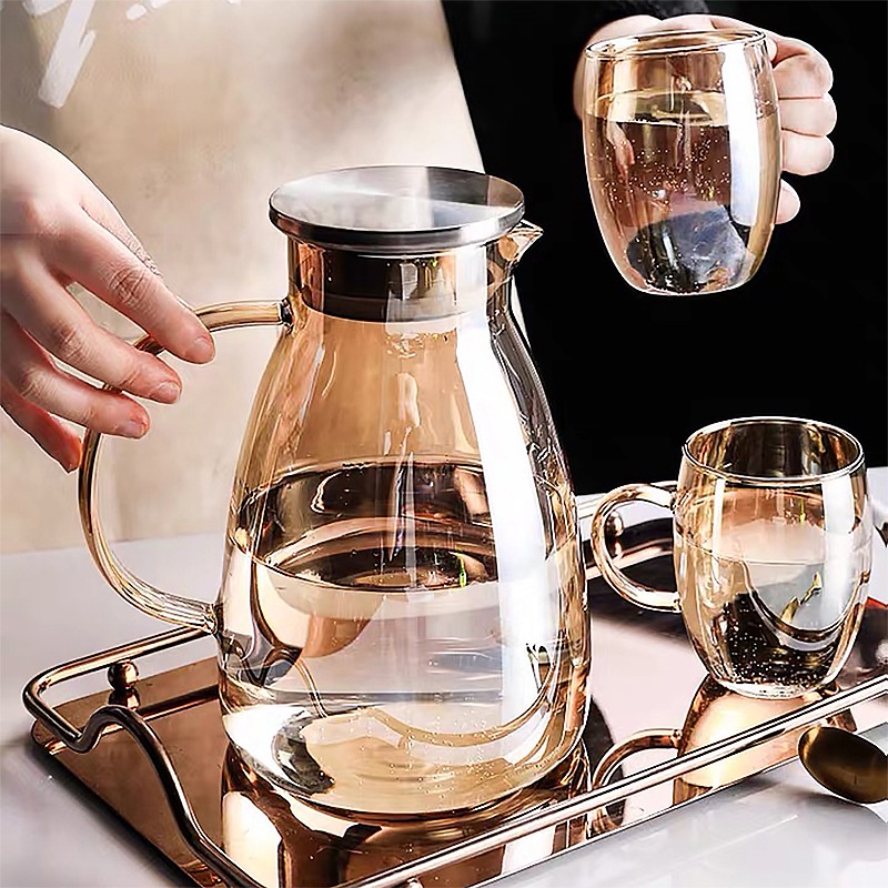 1.8L Glass Water Pitcher with Handle Heat Resisttant Cold Hot Kettle  Large-capacity Tea Pot Water Bottle Juice Jug Gray Amber