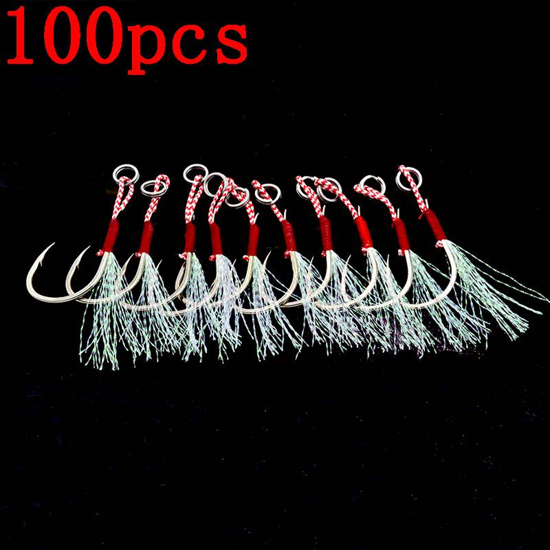 20pcs/lot Assist Hook Barbed Single Jig Hooks Thread Feather Pesca