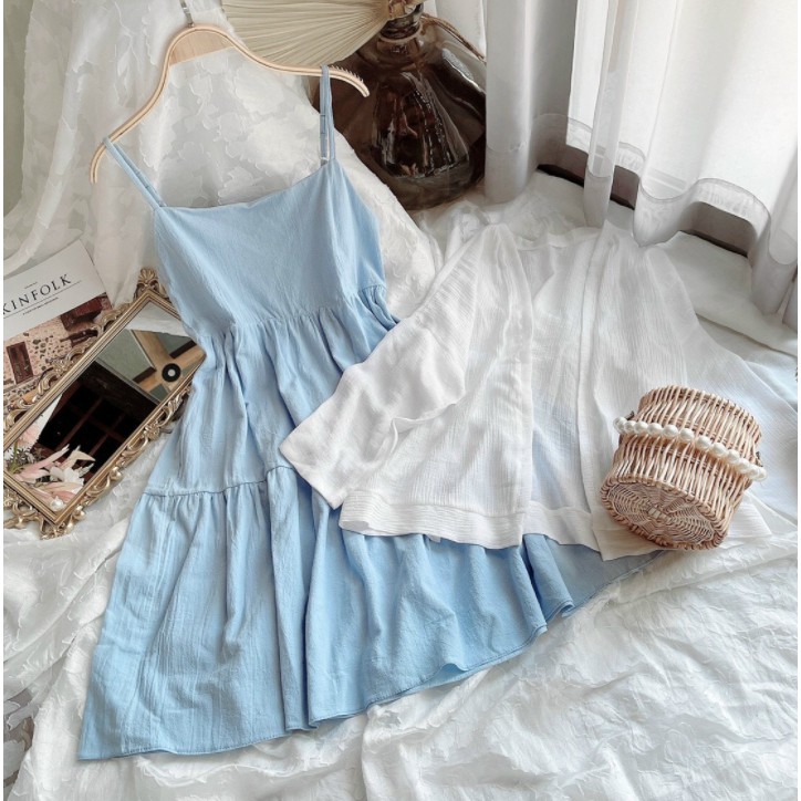 Blue dress with white cardigan deals