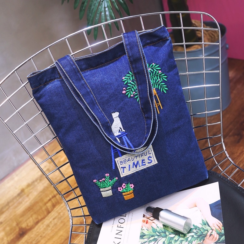 Denim tote bag online with zipper