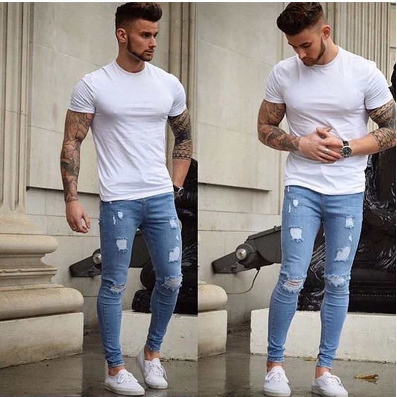 New Mens Jeans Skinny Stretch Denim Pants Slim Fit Jeans Hole Pencil Pants