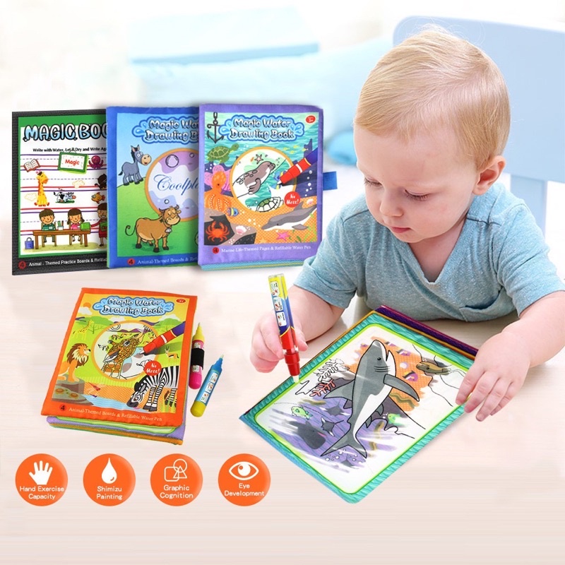 Baby Books Reusable Water Drawing coloring Book & Magic Pen Animal Marine  Life Painting Board Kids Toys