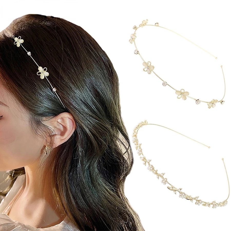 Pearl Gold Silver Thin Headband w/Gem Stones Women Girls Metal Hairband  Stylish 