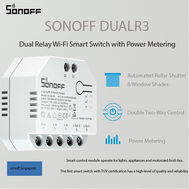 SONOFF WiFi Smart Curtain Switch with Power Metering TUV Certified, DUALR3  Dual Relay DIY Curtain, Blinds, Roller Shutter,Two Way Smart Switch,Works