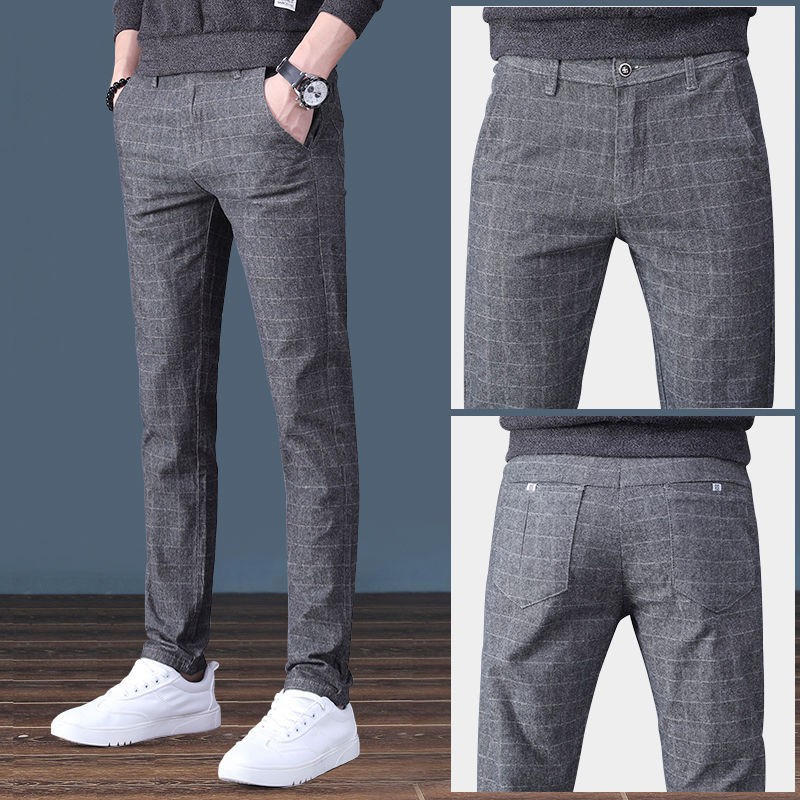 Plaid Pants Men Cotton Slim Fit Straight Trousers Elasticity