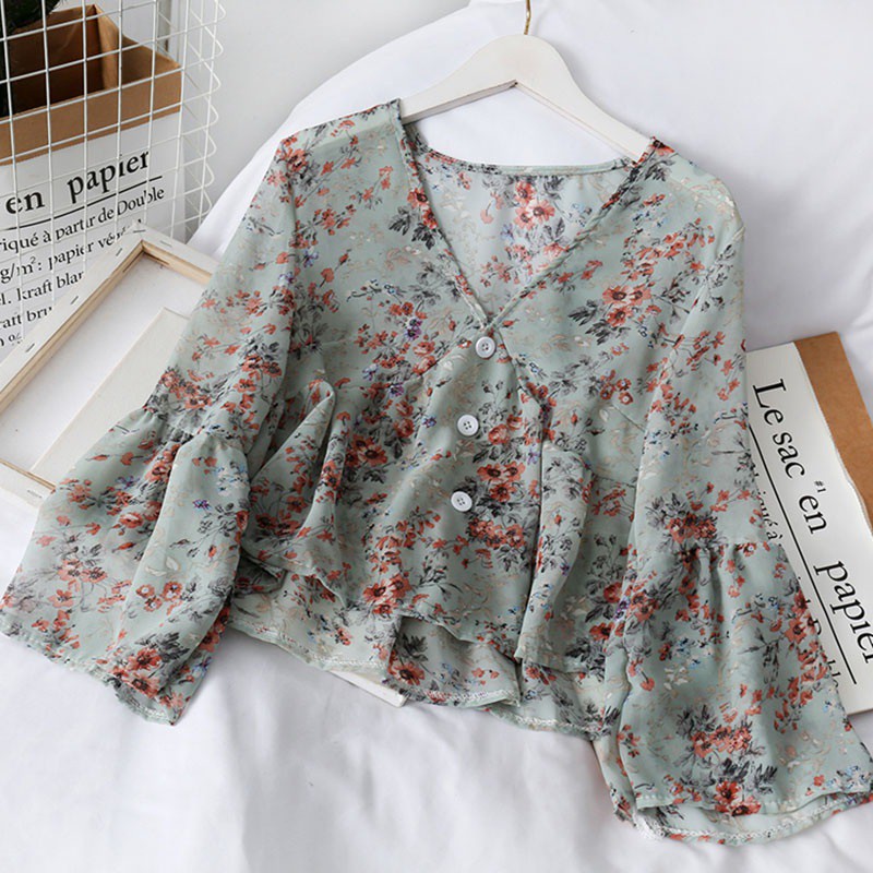 Women's V Neck Floral Print Sweet Long Sleeves Chiffon Shirt Blouses