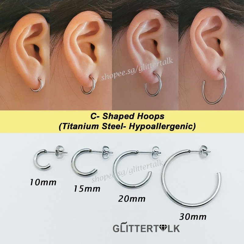 SG Seller] 1 Pair Unisex Titanium Steel Hoop Earrings C Shaped Hoops  Stainless Steel Hypoallergenic | Shopee Singapore