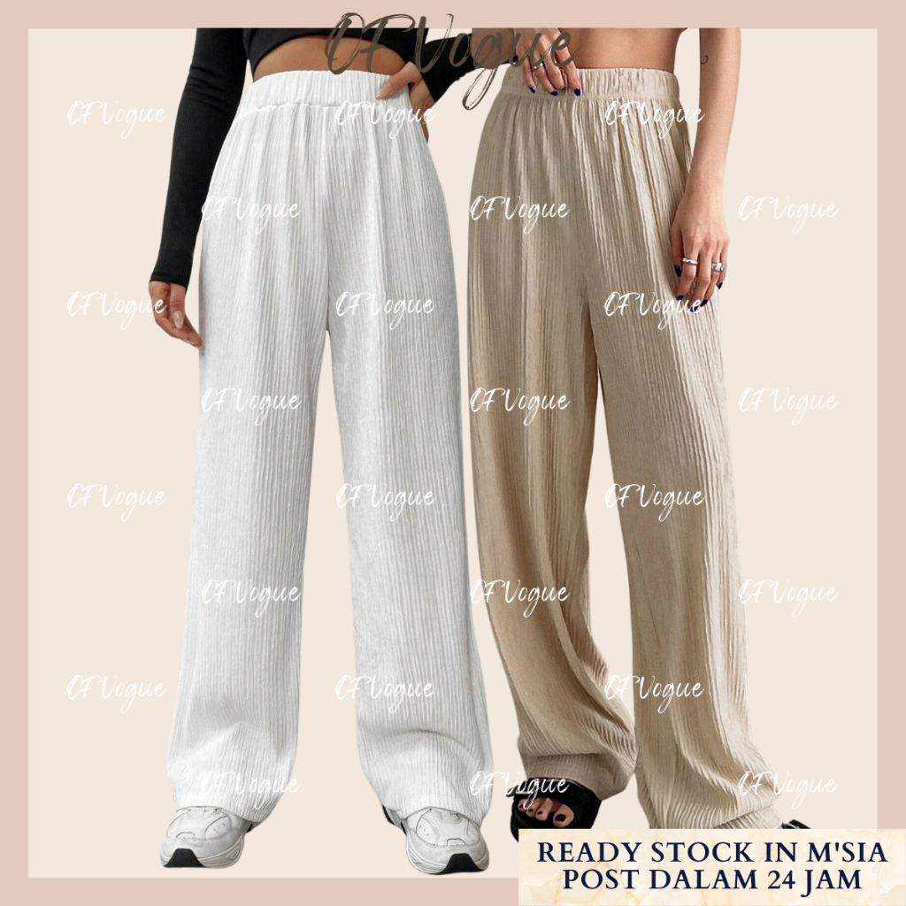 OFVOGUE Suit Pants High Waist Elastic Waist Straight Leg Pants Women Casual  Pants Seluar Slack Wanita Slimming Wide Leg