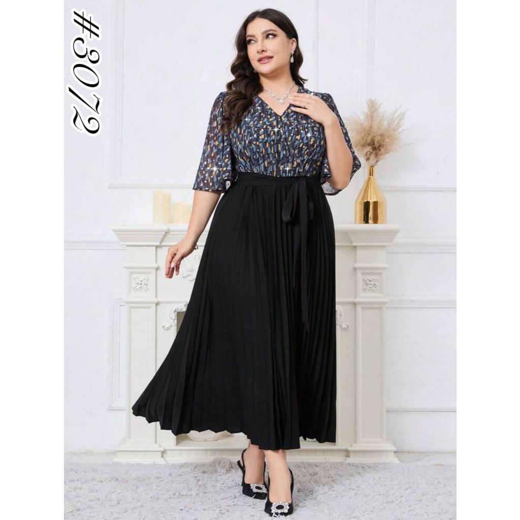 F F Plus Size V Neck Flutter Sleeve Pleated Hem Belted Dress 3072 Shopee Singapore