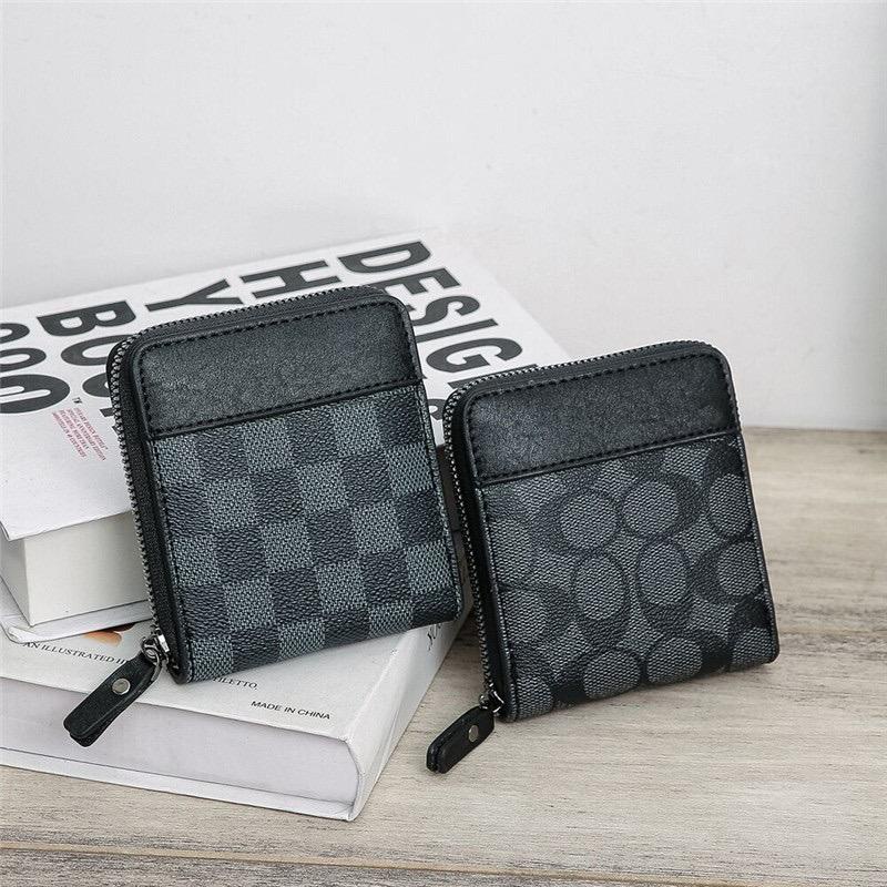Men's Leather Bifold Zip Wallet Small Short wallet for men Coin pouch  checkered [SG LOCAL]