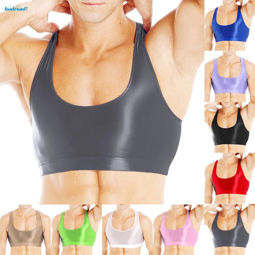 Men Oil Glossy Sleeveless Muscle Half Crop Tank Tops Vest Tee Sports Bra  T-Shirt