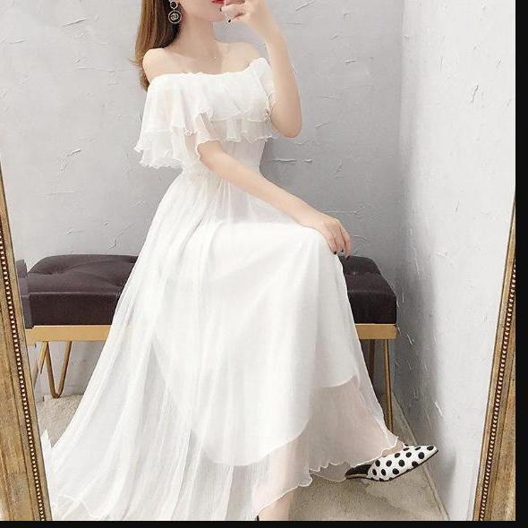 Vacation photo beach dress summer chiffon dress female a shoulder strapless waist skimming long dress white fairy