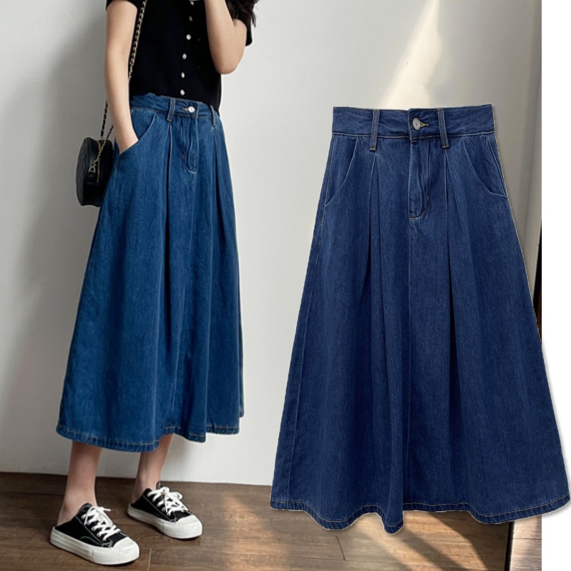 Ready Stock Plus Size S 4XL Women Long Maxi Denim Skirt Spring Summer Autumn Fashion Elegant Casual Flare Pleated Ruffle High Waist Slim Loose Jean